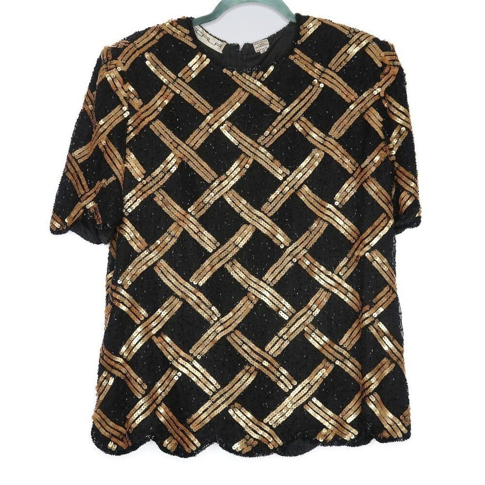 Scala Womens VTG Silk Blouse 1X Black Gold Sequins Event Holiday New Years 90s